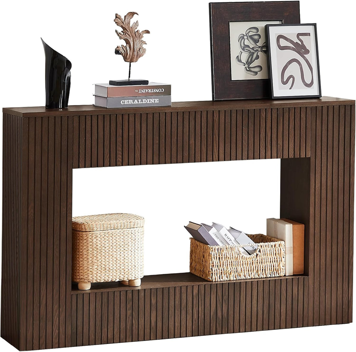 LKTART 55.12" Console Table for Entryway, Narrow Long Solid Wood Veneer Fluted Entryway Table Sofa Table Behind Couch Tables with 2-Tier Storage Shelves for Hallway, Living Room, Foyer, Walnut