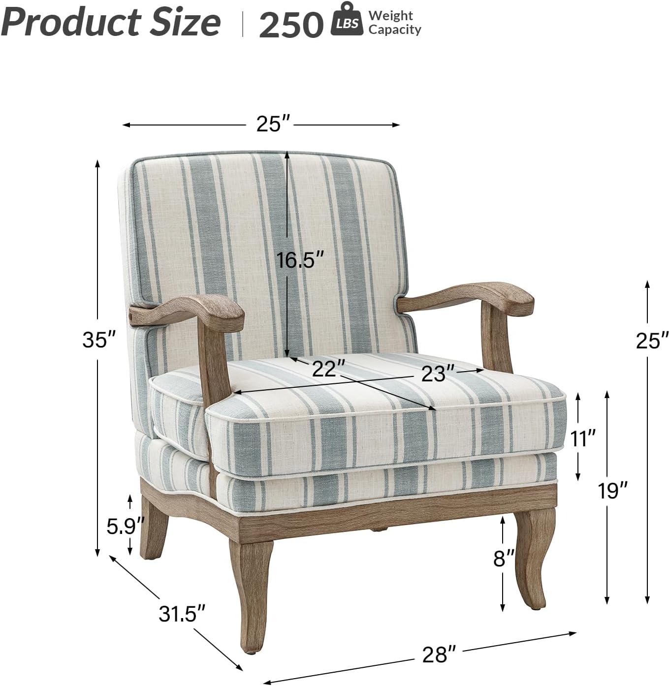 HULALA HOME Farmhouse Striped Accent Chair with Solid Wood Legs, Blue | Comfy Upholstered Patterned Armchair with Curved Armrests, Removable Cushion, for Living Room Bedroom Reading