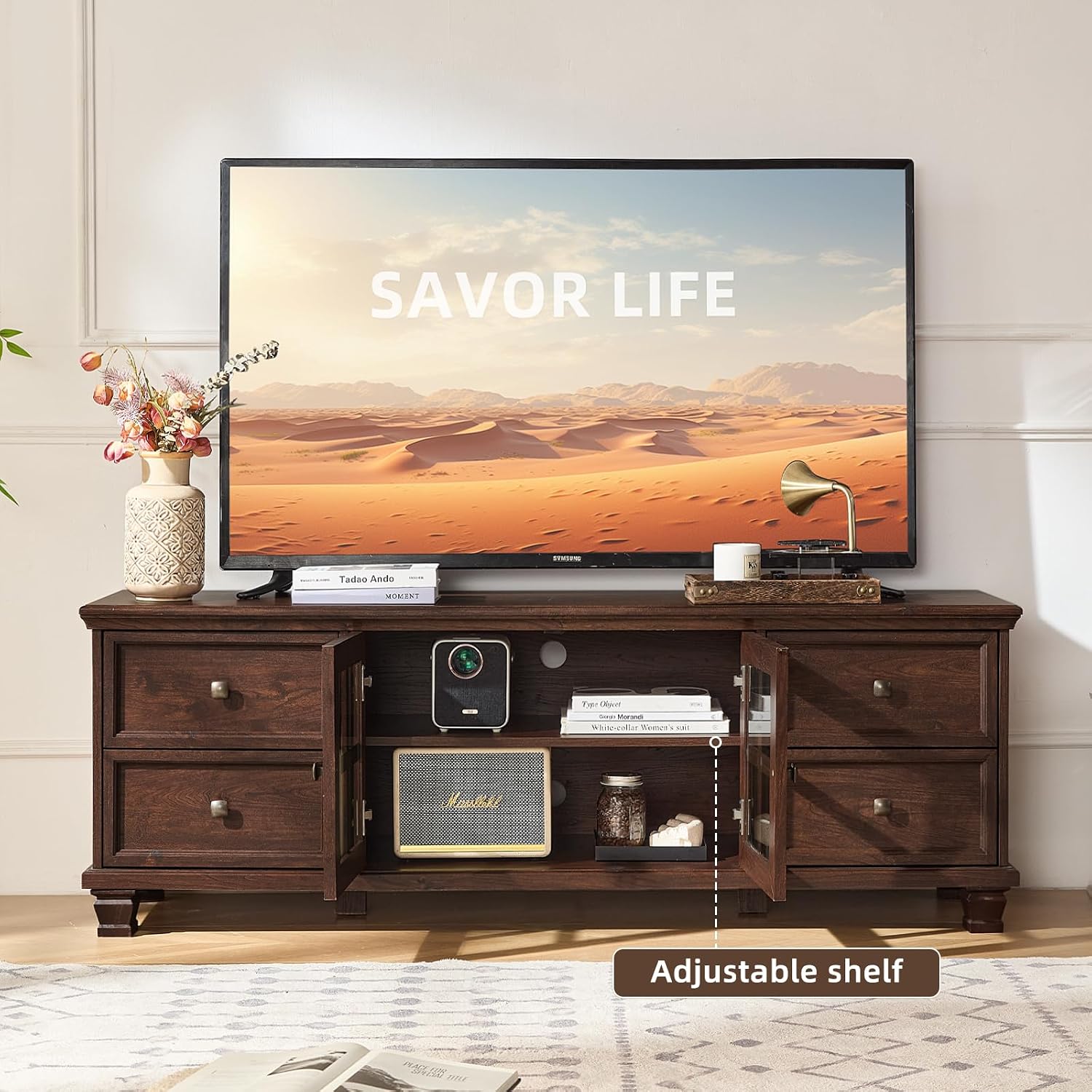 SAVOR LIFE Farmhouse TV Stand and Coffee Table Set 4 Piece, Walnut | Living Room Table Set with Drawer & Open Shelving & Thick Tabletop & Square Wooden Legs