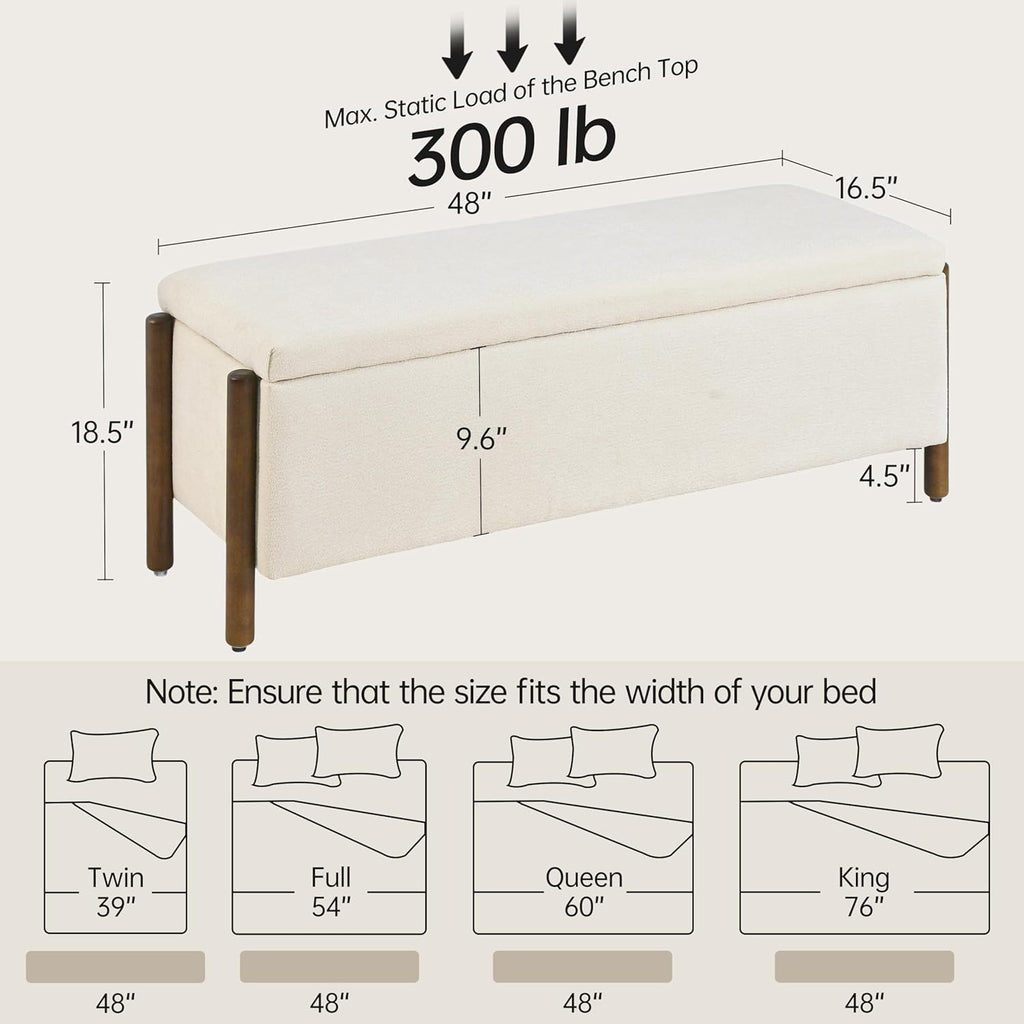 Usaint 47" Fabric Upholstered End of Bed Storage Ottoman Bench, Beige | Entryway Bench with Storage and Rubberwood Legs, 24.5 Gallons Storage Space, Hinged, for Bedroom, Living Room