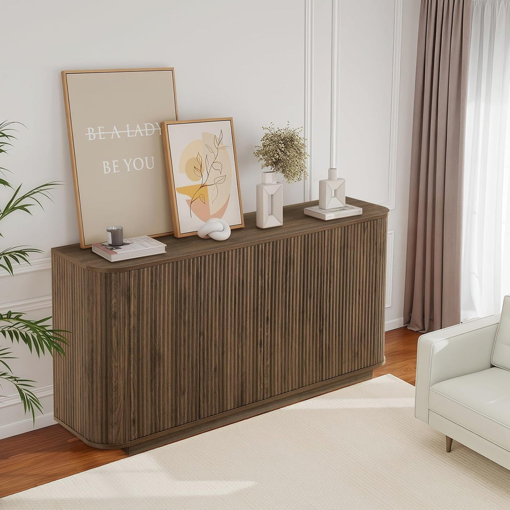 64" Sideboard Buffet Cabinet with Fluted Accent and Adjustable Shelves, Modern Wood Media Console Coffee Bar for Living Room, Kitchen or Dining Room, 64W x 31.5H Inches, Walnut