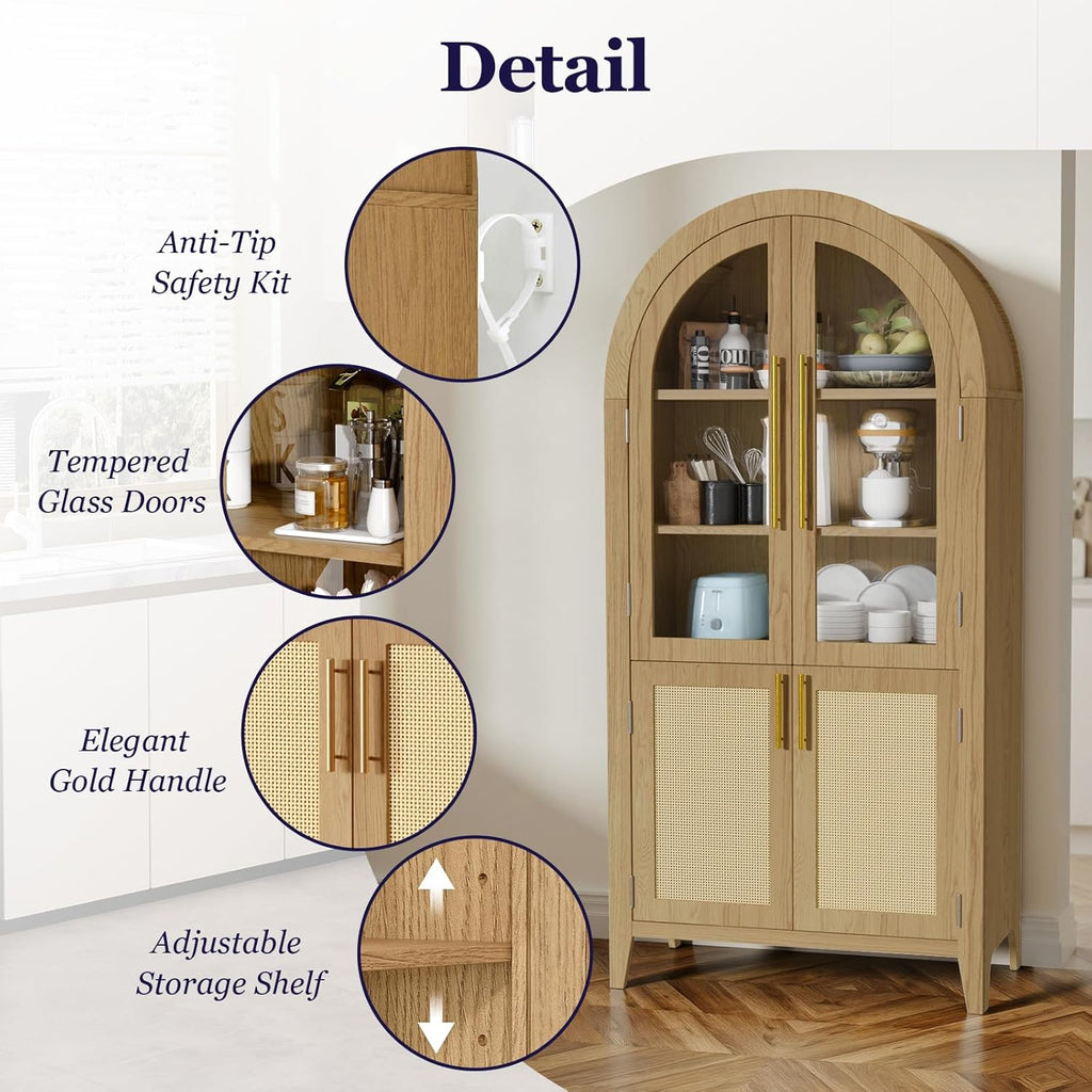 63" Tall Arched Cabinet with Glass Doors, Kitchen Pantry Storage Cabinet with Dust-Proof Rattan, 5-Tier Curio China Cabinet with Adjustable Shelves for Living Room Dining Room, Oak