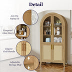 63" Tall Arched Cabinet with Glass Doors, Kitchen Pantry Storage Cabinet with Dust-Proof Rattan, 5-Tier Curio China Cabinet with Adjustable Shelves for Living Room Dining Room, Oak