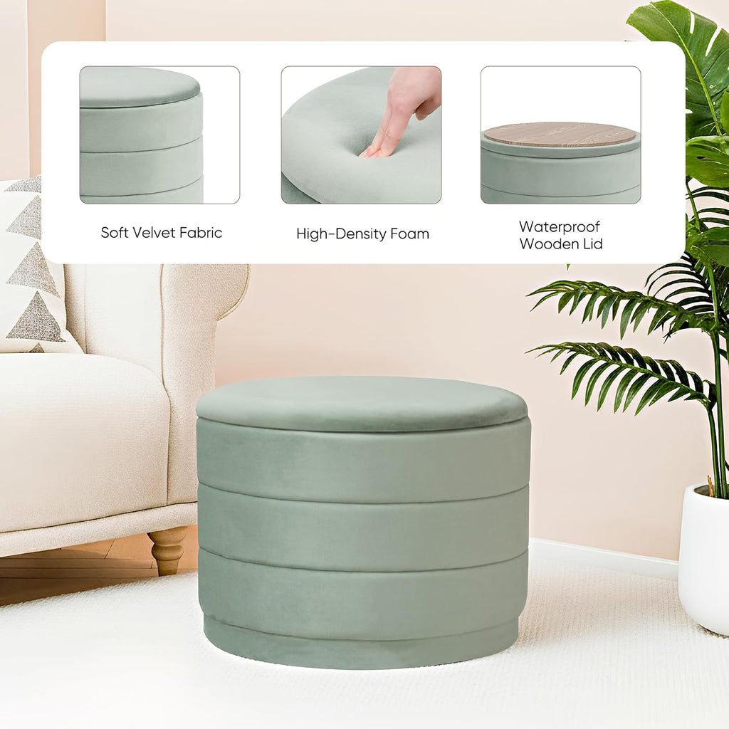 23" Round Velvet Storage Ottoman with Reversible Lid, Soft Padded Footrest and Hidden Storage, Large Upholstere Tray Top Ottoman Footstool for Living Room, Bedroom, Entryway, Sage Green