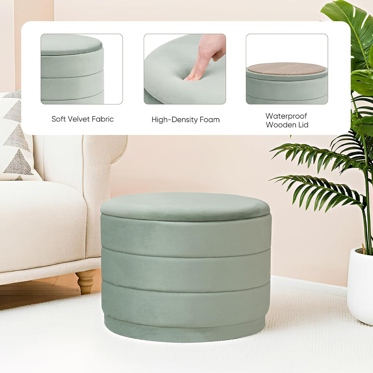 23" Round Velvet Storage Ottoman with Reversible Lid, Soft Padded Footrest and Hidden Storage, Large Upholstere Tray Top Ottoman Footstool for Living Room, Bedroom, Entryway, Sage Green