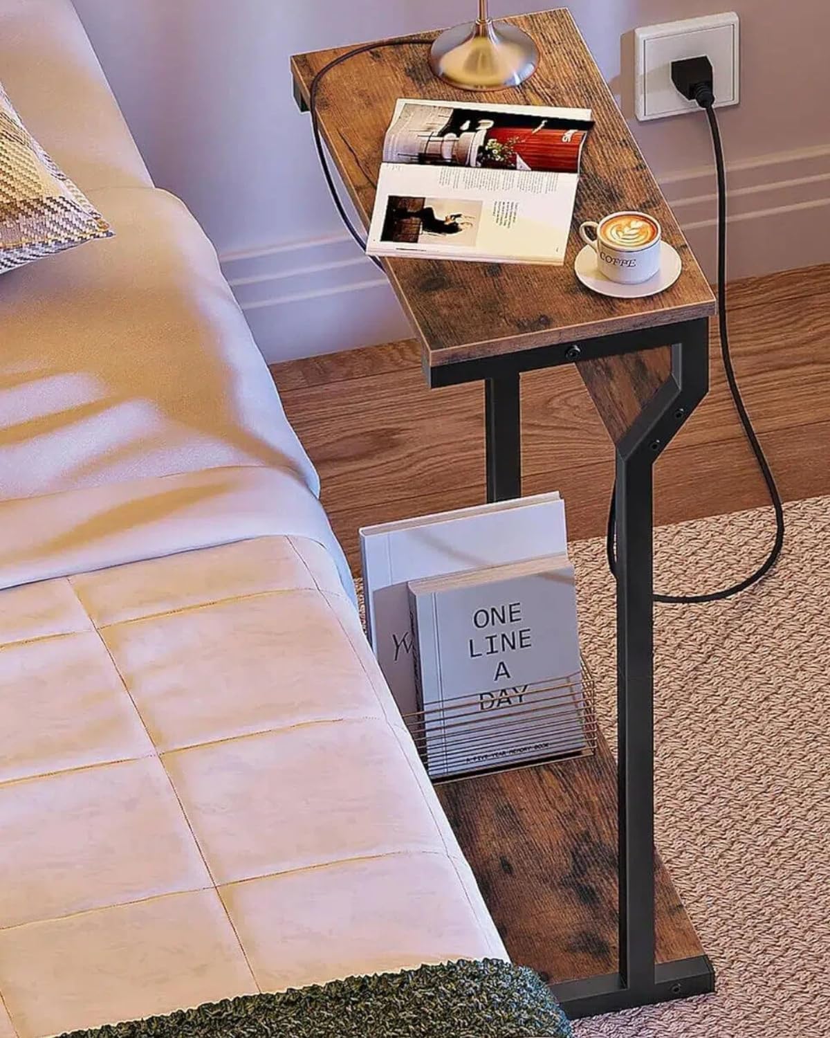 CHOEZON Narrow Side Table with Charging Station, 27" Skinny End Table for Small Spaces, Couch Table with Storage, Slim Tray Table with USB Ports, for Living Room, Bedroom, Rustic Brown TBZ27UBF