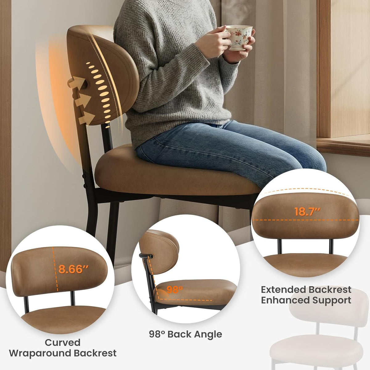 Upholstered Dining Chairs Set of 6, Modern Faux Leather Kitchen Chairs with Curved Backrest and Cushioned Seat, Sturdy Metal Legs, Modern Dining Chairs for Kitchen Dining Room, Living Room,Brown