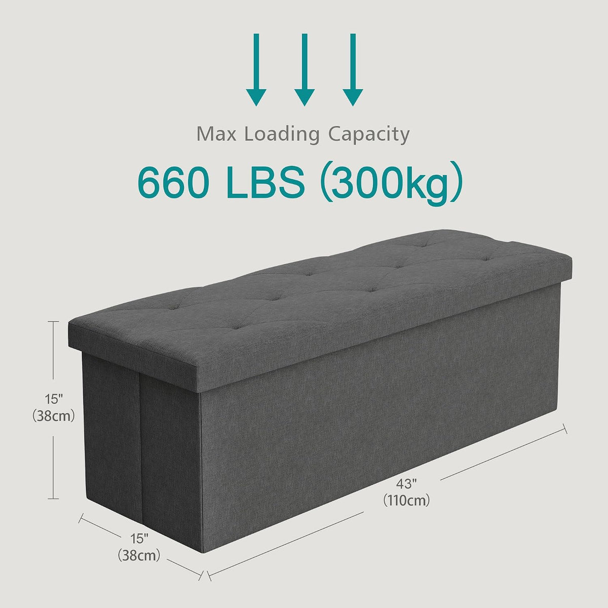 VECELO 43'' Folding Storage Ottoman Bench, Storage Chest, Linen Fabric Foot Rest Stool, 158L Storage Footstools for Bedroom and Living Room, Holds up to 660 lbs, DGRY