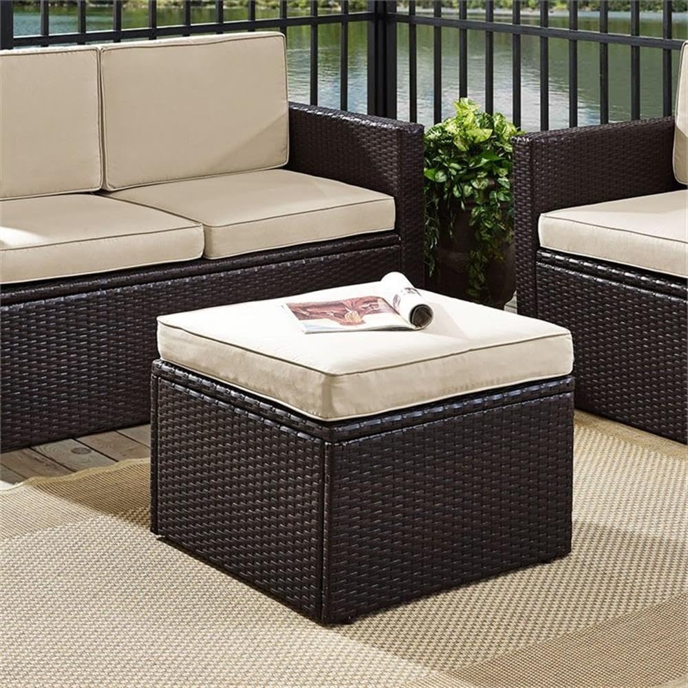 Pemberly Row Wicker Patio Ottoman, Brown Finish with Sand Cushions, Resin Wicker and Steel Frame, UV/Fade Resistant, 23" W x 23" D x 17.5" H, Outdoor Footrest for Deck, Patio, or Garden Use