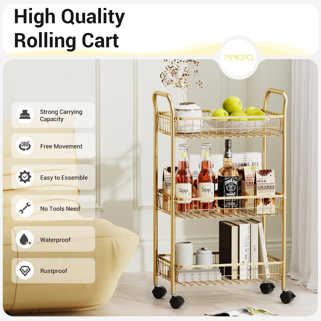 3 Tier Rolling Utility Cart, Storage Trolley Service Cart with Wheels Easy Assembly for Kitchen, Living Room, Office, Salon, Gold | Storage Trolley Service Cart with Lockable Wheels, Easy Assembly for Kitchen, Living Room, Office, Salon, Dorm