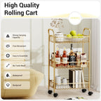 3 Tier Rolling Utility Cart, Storage Trolley Service Cart with Wheels Easy Assembly for Kitchen, Living Room, Office, Salon, Gold | Storage Trolley Service Cart with Lockable Wheels, Easy Assembly for Kitchen, Living Room, Office, Salon, Dorm