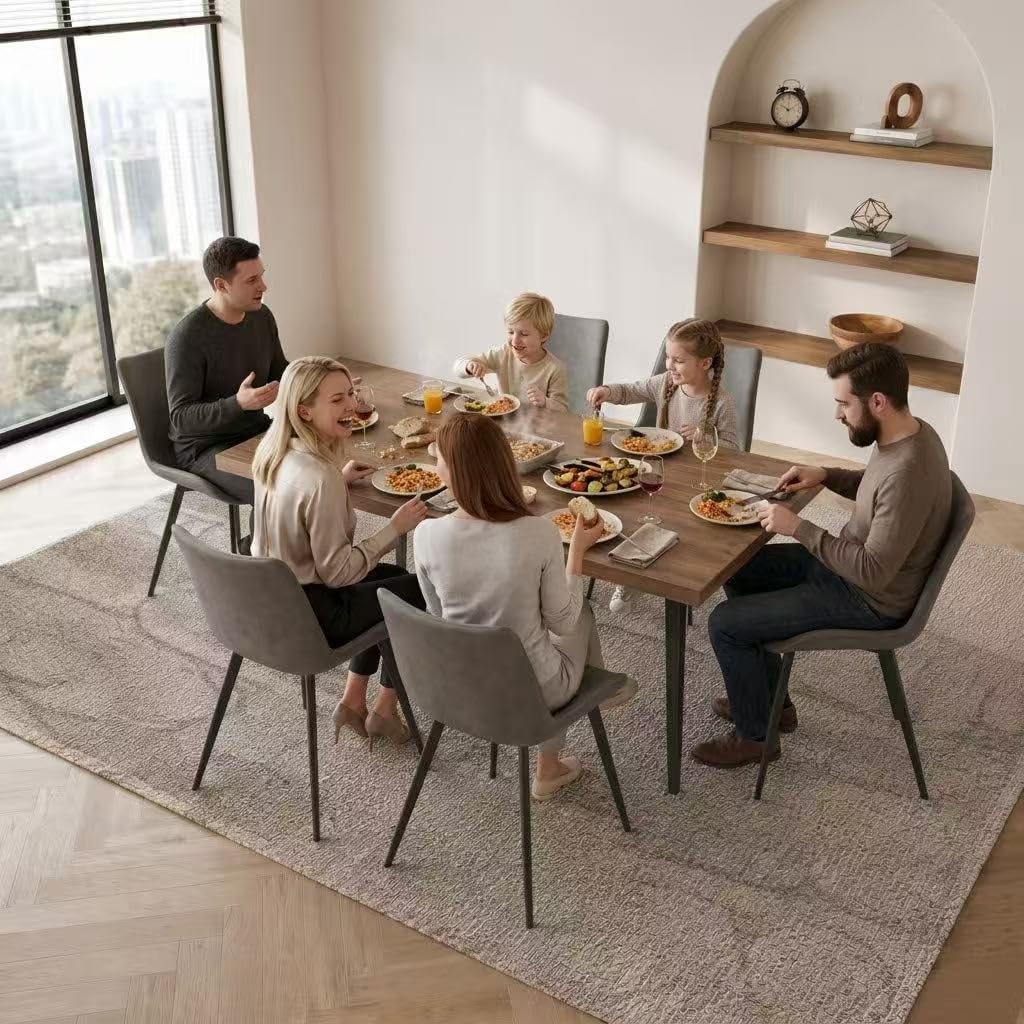 ZckyCine 70.8" Walnut Dining Table with 6 PU Leather Chairs, 7-Piece Modern Dining Set, Sturdy Metal Legs, Rectangle Table for Kitchen & Dining Room