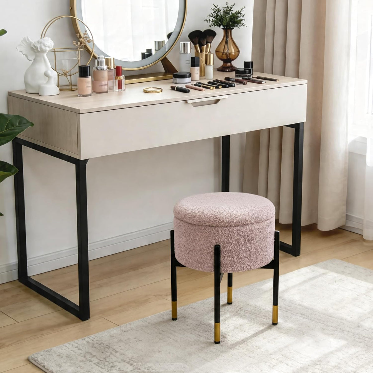 Round Ottoman with Storage, Soft Velvet Vanity Stool, Ottoman Coffee Table with Metal Legs, Foot Stool for Living Room Bedroom, Pink