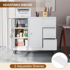 47" Rolling File Storage Locker Cabinet with 3-Drawer，Office Storage Cabinet with Adjustable Shelf & Universal Wheels, Mobile Printer Stand for Home Office, Living Dining Room,White
