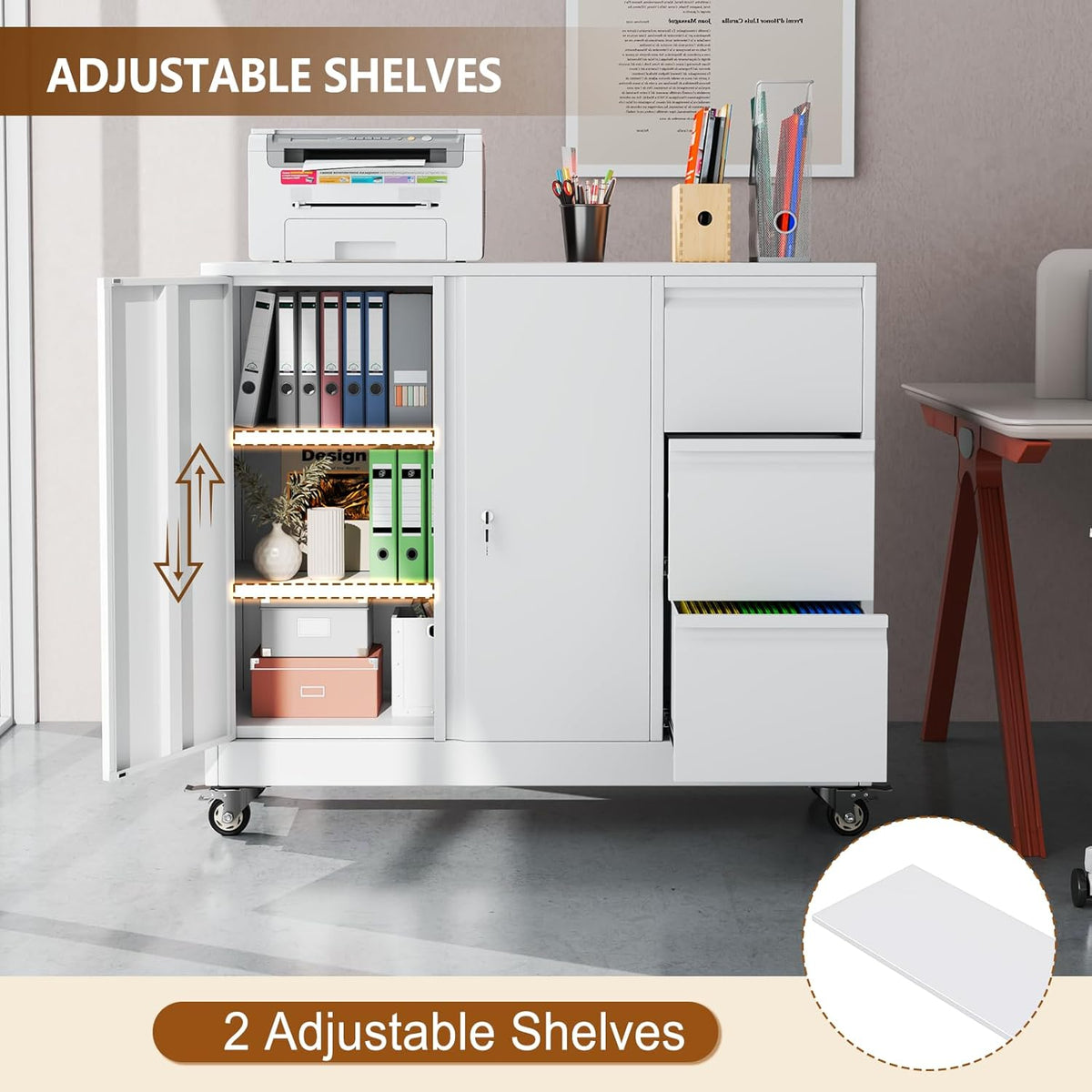 47" Rolling File Storage Locker Cabinet with 3-Drawer，Office Storage Cabinet with Adjustable Shelf & Universal Wheels, Mobile Printer Stand for Home Office, Living Dining Room,White