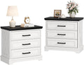 knoworld 24 Inch Wide Farmhouse Nightstands Set of 2 with Charging Station, White Nightstand with 3 Large Drawers, Rustic Wood End Table for Bedroom