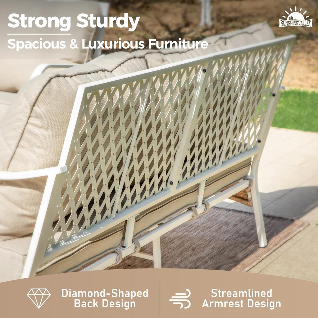 SUNSHINE VALLEY Metal Patio Furniture Sofa with 5.75" Extra Thick Cushion, 3-Seater Deep Seating & High-Back White Frame Outdoor Couch All Weather Outdoor Seating for Deck Gazebo Porch, Beige