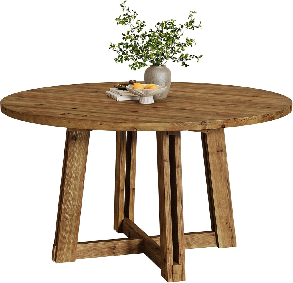 47.3" Solid Wood Dining Table for 4-6, Round Wood Kitchen Table | Farmhouse Kitchen & Dining Room Table, Sturdy and Stable, Circle Dinner Table with Wood Legs, Easy Assembly, Rustic Brown