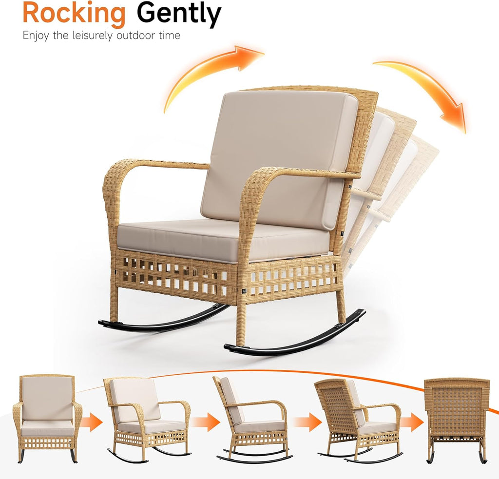 DECMICO Outdoor Rocking Chair Set, 3-Piece Wicker Patio Furniture | Elegant Wicker Style | Comfortable Cushions | Stable Frame Construction | Balcony & Garden Ready
