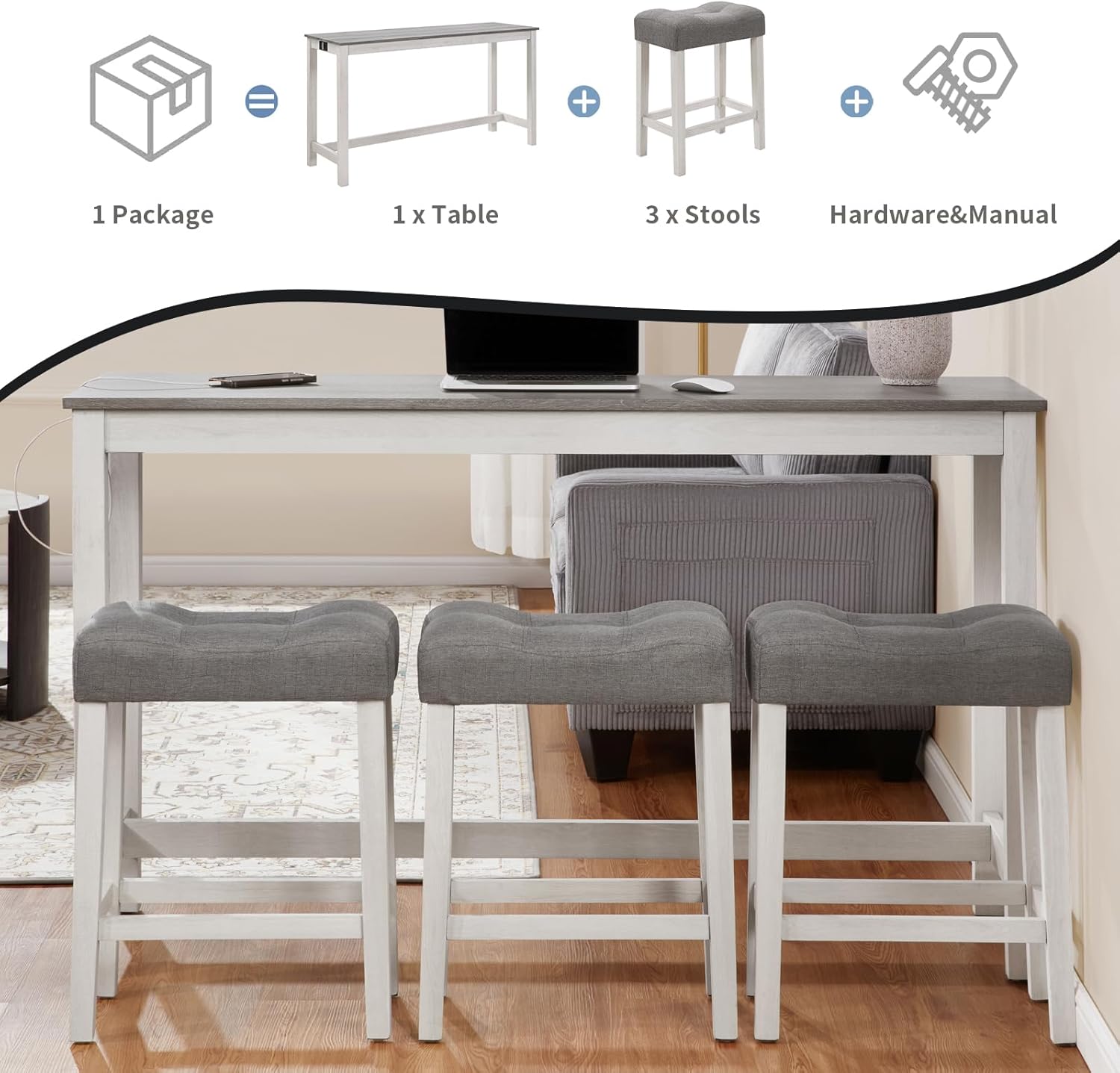 59" Dining Bar Table Set with Power Outlet, Behind Couch Sofa Table with 3 Padded Stools, 4 Piece Bar Table and Chairs Set for Living Room, Dining Room, Gray