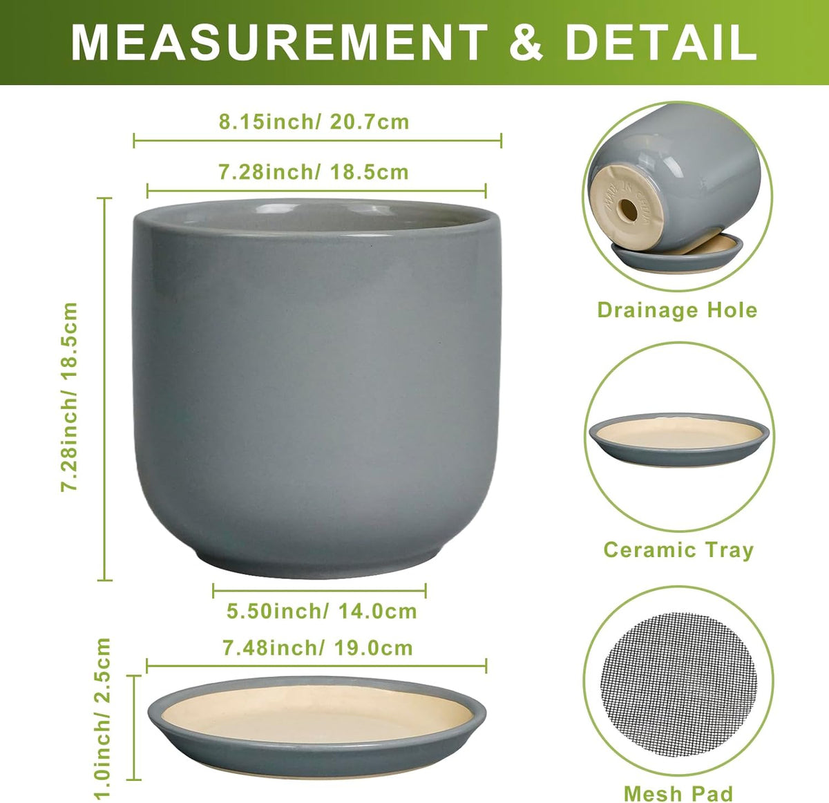 Ceramic Planter for Indoor Outdoor Plants - Cylinder Decorative 8 Inch Plant Pot with Drainage Hole and Saucer, Modern Home Decor, Gray