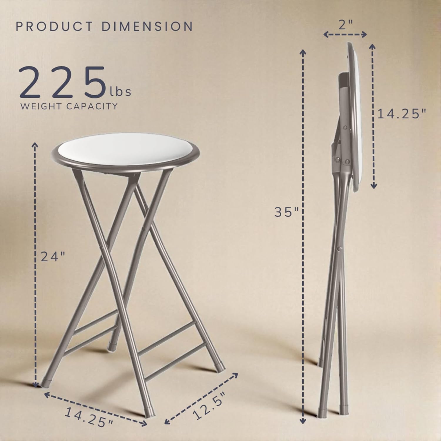 Lavish Home Folding Stool with Padded Backless Seat Set of 2, White, 24” | Counter Height Bar Stools with 225lb Capacity, Portable Indoor & Outdoor, Extra Seat for Kitchen, Rec Room or Camping