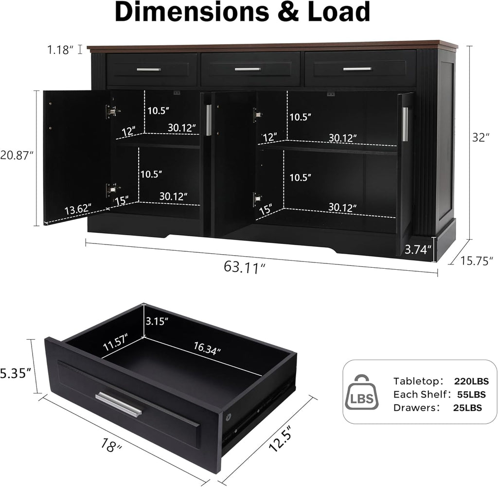 KEIKI 63" Fluted Sideboard Buffet Cabinet with Storage – 4 Doors, 3 Drawers, Adjustable Shelves, Kitchen Buffet, Cabinet for Dishes, Kitchen Console Cabinet, Black