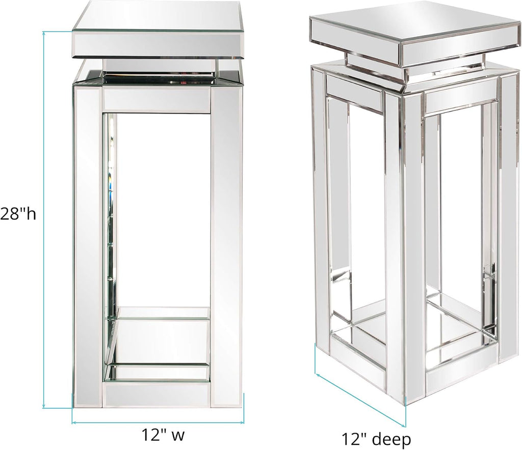 Howard Elliott Collection Small Silver Mirrored Pedestal Accent Table for Home Decoration, Mirrored Finish Design End Table for Bedroom, Entryway or for Any Room, 12 x 12 x 28 Inches