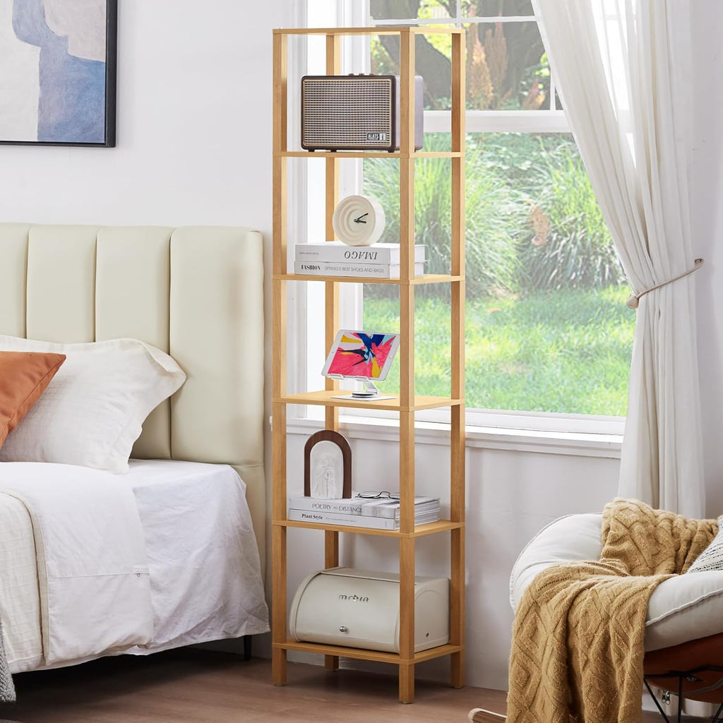 YUFAM 54in Tall Bookshelf 5-Tier Small Narrow Bookcase, Skinny Book Shelf for Small Space, Farmhouse Slim Shelf with Storage, Wood Freestanding Display Thin Bookshelves for Living Room, Natural