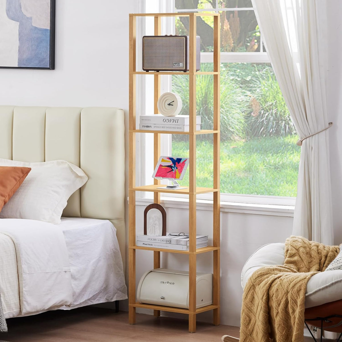 YUFAM 54in Tall Bookshelf 5-Tier Small Narrow Bookcase, Skinny Book Shelf for Small Space, Farmhouse Slim Shelf with Storage, Wood Freestanding Display Thin Bookshelves for Living Room, Natural