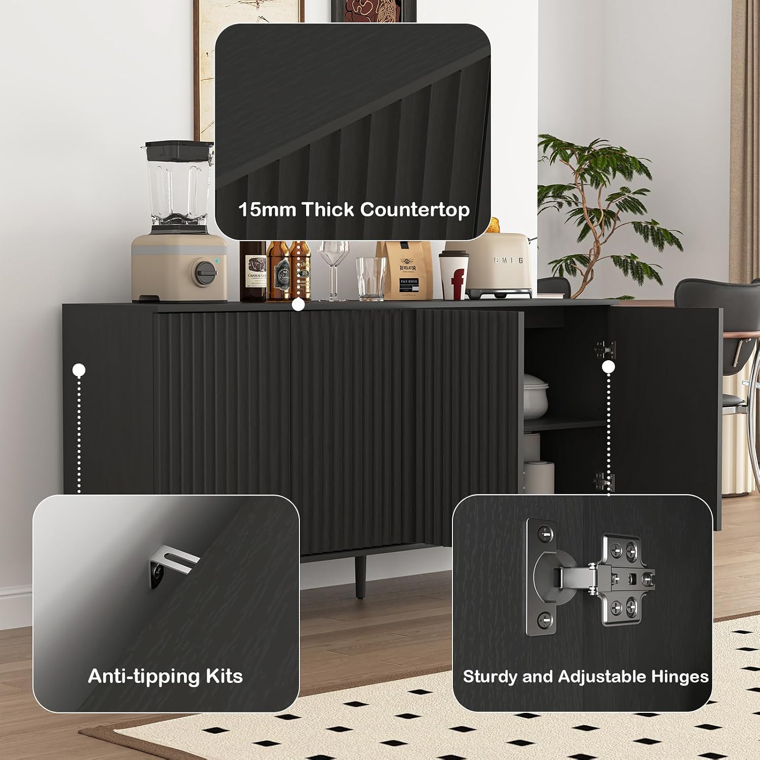 59" Buffet Cabinet with Storage, Modern Kitchen Buffet Sideboard with 4 Doors, Wood Coffee Bar with Adjustable Shelves, Kitchen Storage Cabinet with Adjustable Legs for Living Room (Black)