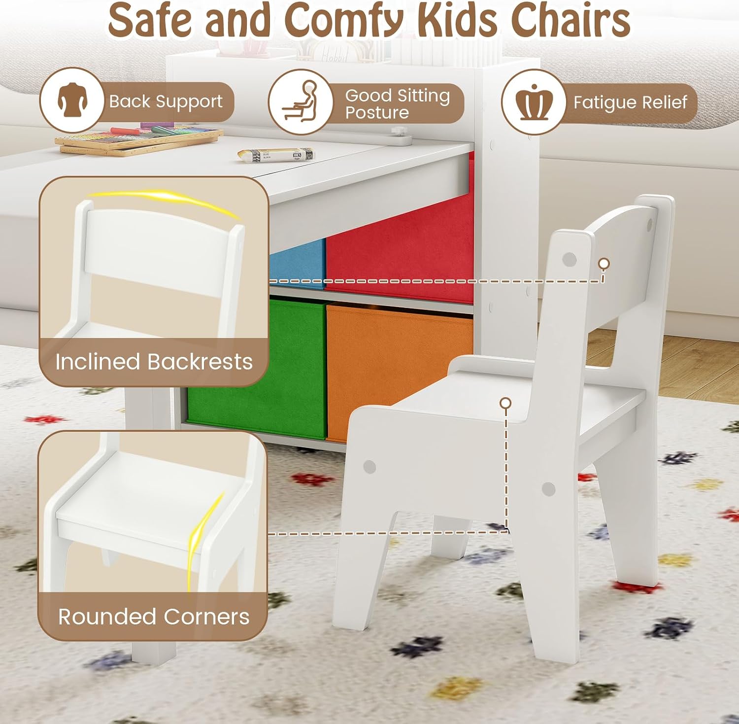 KOTEK Kids Art Table and Chair Set, Kids Craft Table with Paper Roll, 2 Chairs & 4 Storage Bins for Drawing, Reading, Learning, Toddler Activity Play Desk for Playroom or Classroom (White)