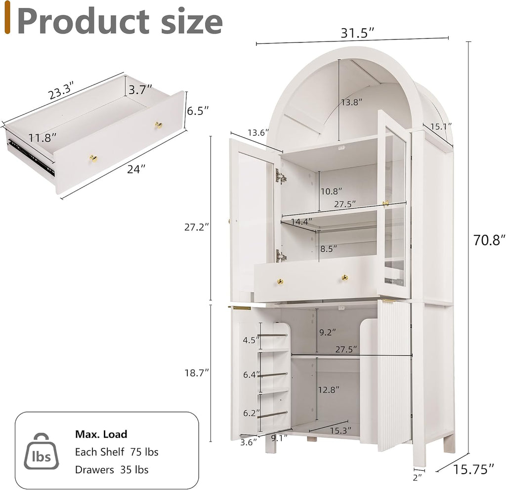 71" Fluted Tall Arched Kitchen Pantry Cabinet with Glass Doors, Farmhouse Storage Cabinet with Adjustable Shelves & Hidden Drawer, Freestanding Cupboard Console for Living Room, Dining Room (White)