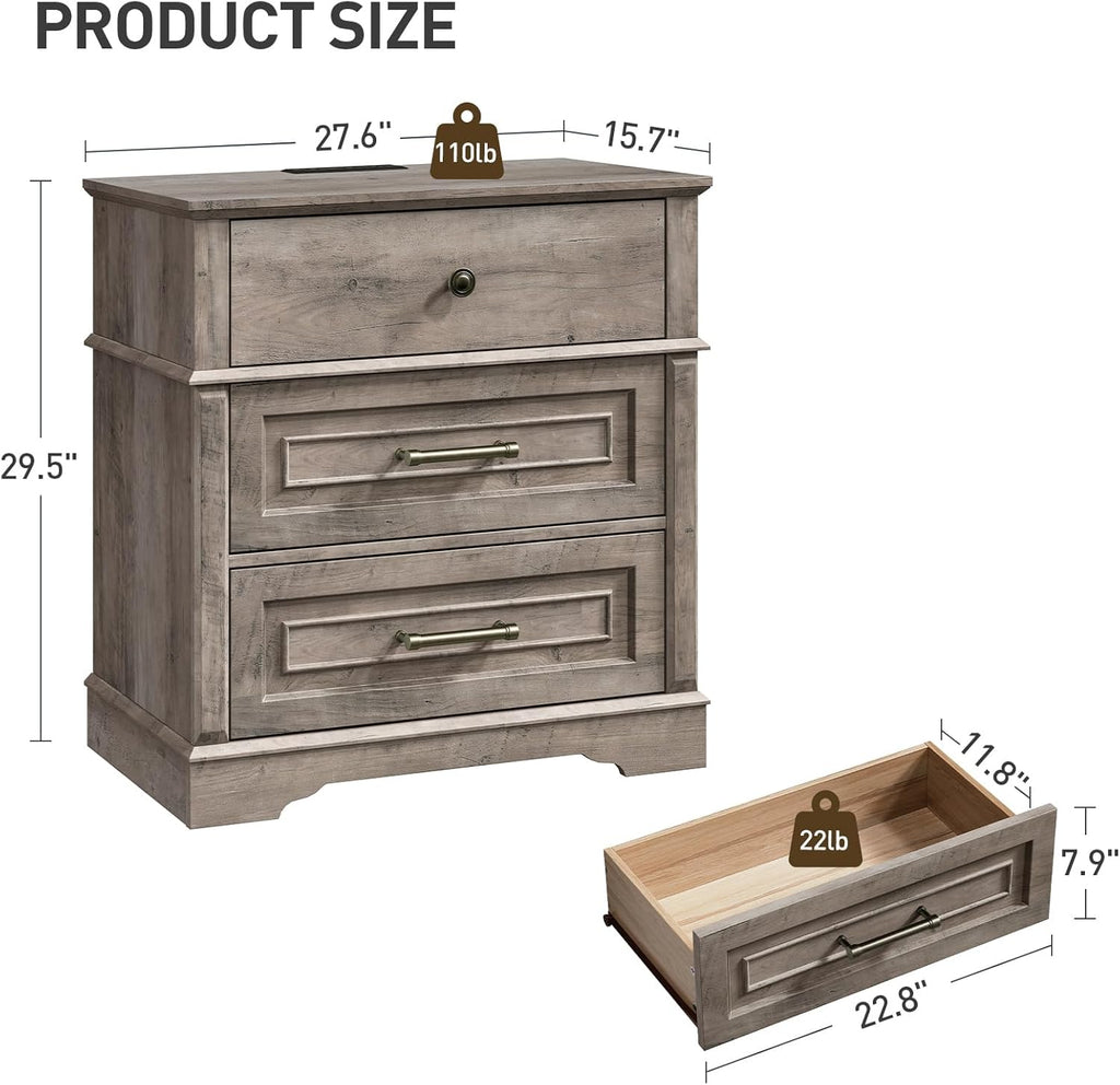 RALGEND 3 Drawer Tall Nightstand with Charging Station, Farmhouse Bedside Table, 27.6" W x 29.5" H, Wide End Table for Bedroom Living Room, End Tables with Charging Station, Greige