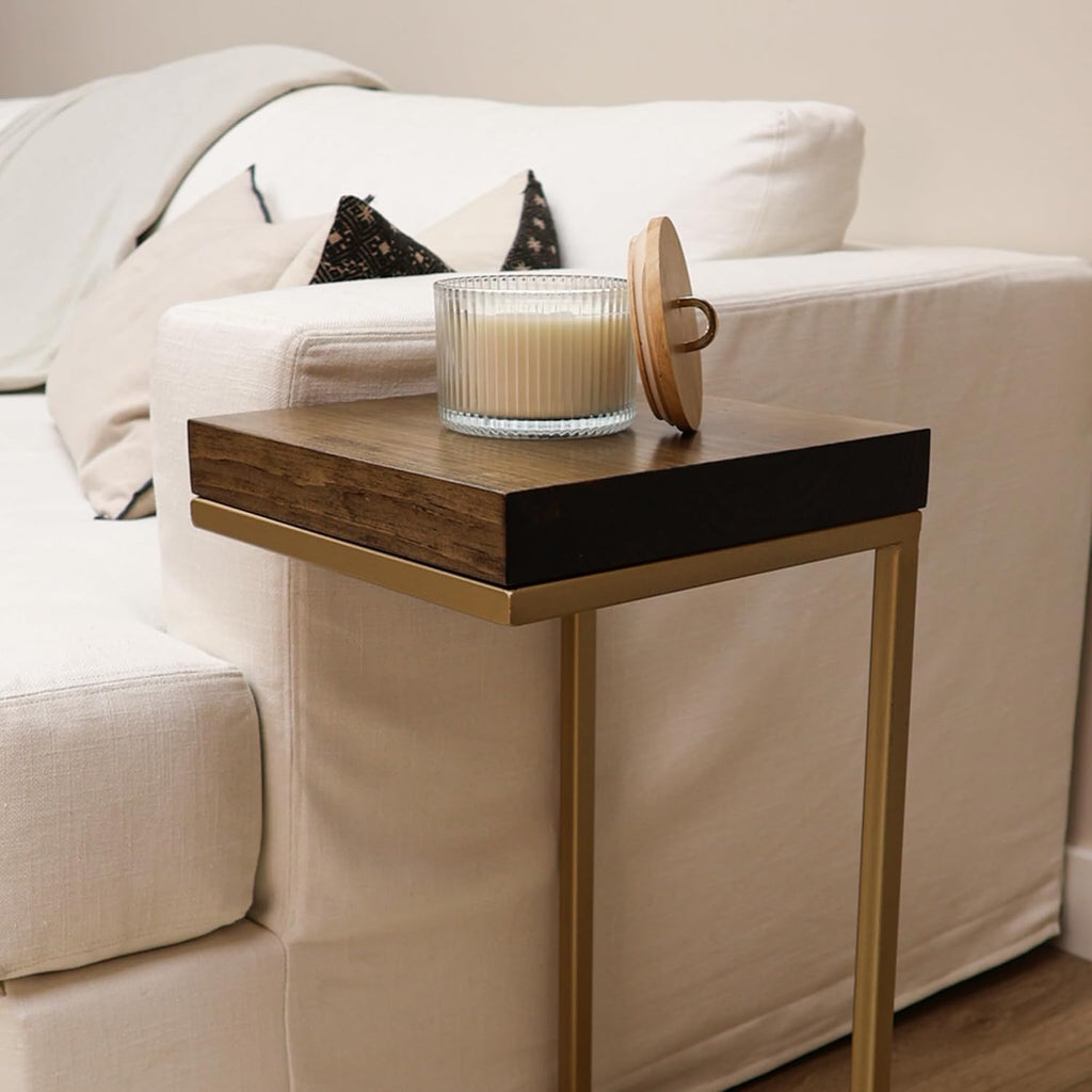 Urbandi C Shape Rustic Side Table for Living Room Couch Tray, Nightstand for Bedroom, End Table, Made in USA from Solid Pine Wood and Strong Metal Base, Comes Fully Assembled (Gold/Jacobean)