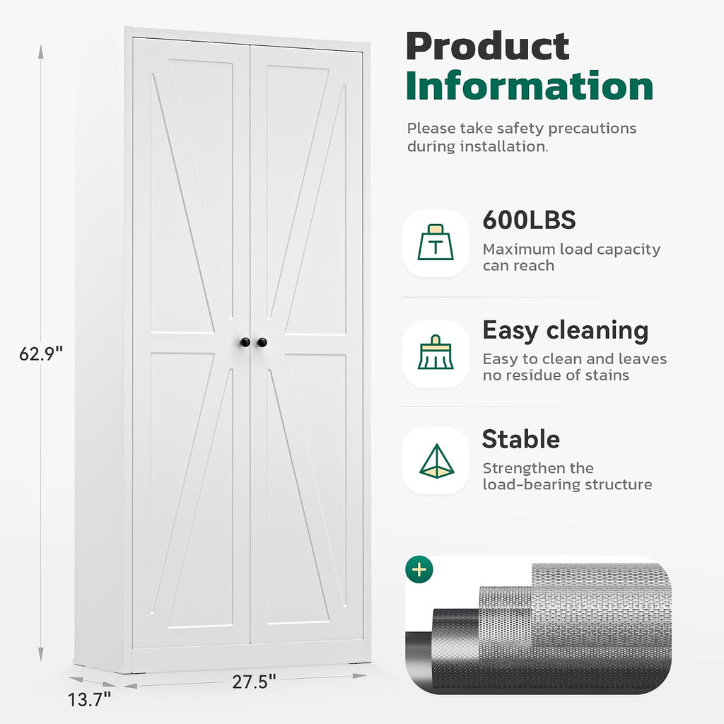 Greenvelly Metal Pantry Cabinet, 63” White Kitchen Pantry Cabinet with Doors and 4 Shelves, Tall Kitchen Cupboard for Laundry Room,Living Room,Dinning Room (Farmhouse)