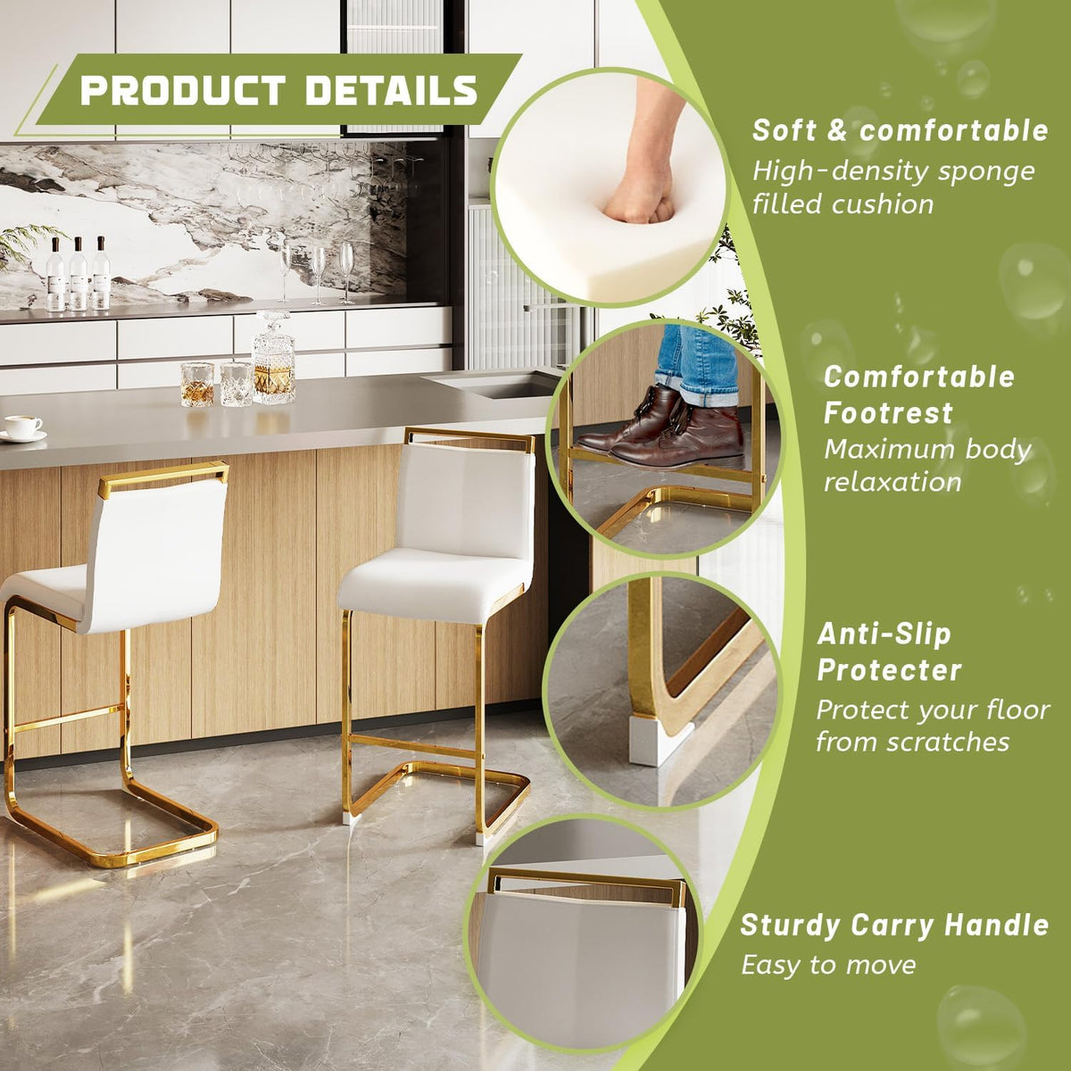 Bar Stools Set of 3,Gold Bar Stools with Back,25" White Island Chairs with Gold Chrome Plated Metal Leg,Faux Leather Counter Height Barstools for Pub Kitchen Counter