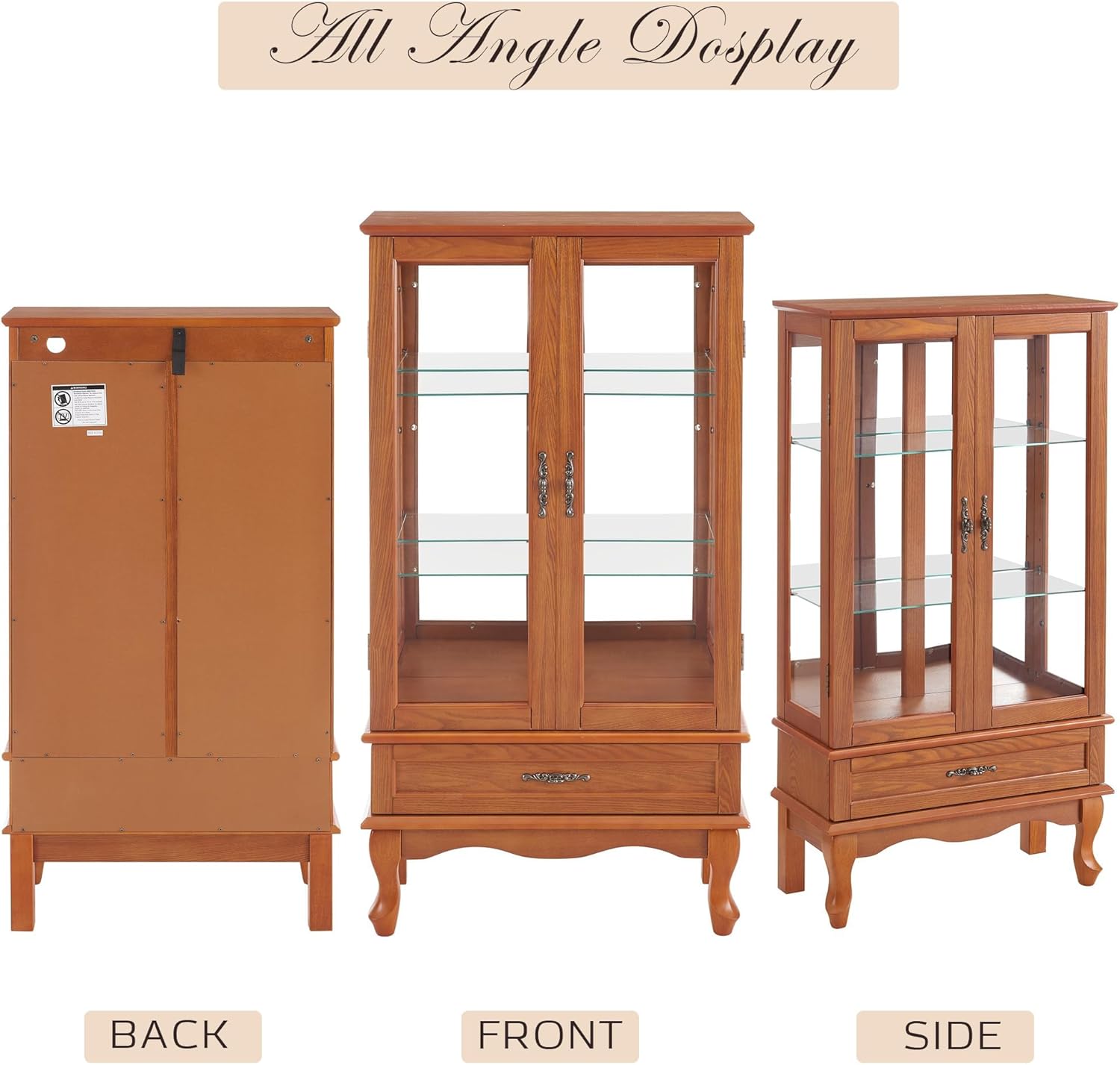 52" Lighted Accent Curio Cabinet, 3-Tier Antique Storage Cabinet with Tempered Glass Adjustable Shelves & Drawer, Acrylic Pane, Light Blub Included, China Display Case for Living Room (Dark Oak)