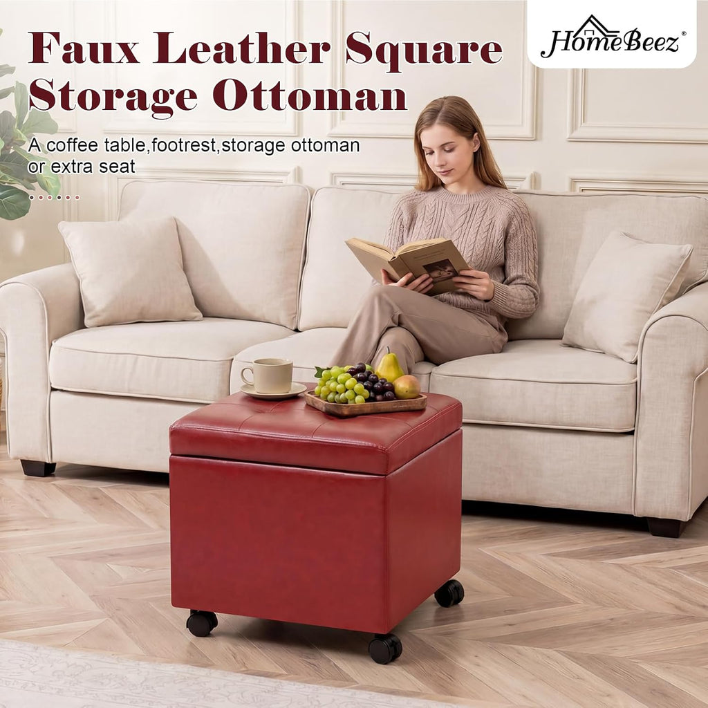 Homebeez Storage Ottoman with Rolling Wheels, PU Leather Tufted Cube Footrest with Casters, 17.7" Square Tufted Distressed Ottomans for Living Room,Bedroom, 300lb Capacity