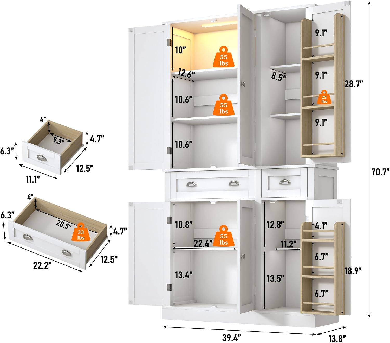 71"H Tall Kitchen Pantry Cabinet with LED Lights,39"W Modern Large Kitchen Hutch Cabinet w/6 Door Shelves,2 Large Drawer,Freestanding Food Pantry w/Adjustable Shelves for Kitchen,Dining Room,White