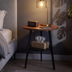 Round End Table, 2-Tier Side Table with Storage Shelf for Small Spaces, Nightstand for Living Room, Bedroom, Metal Frame & Wood Top, Walnut