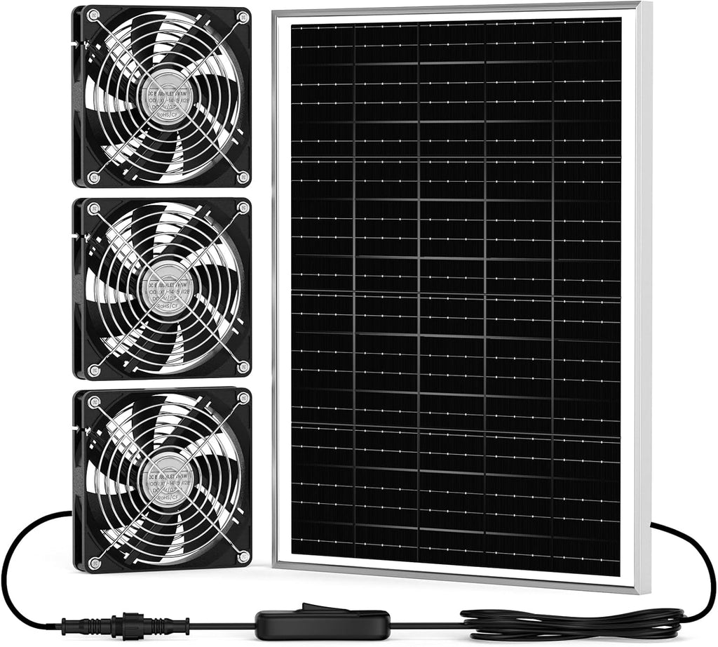 New 5.5" Solar Fan 3 Kit, 35W Solar Powered Exhaust and Intake Greenhouse Fan Outdoor Waterproof, 16.5ft Cord, Strong Airflow, for Chicken Coop Shed Pet House Air Circulation and Ventilation