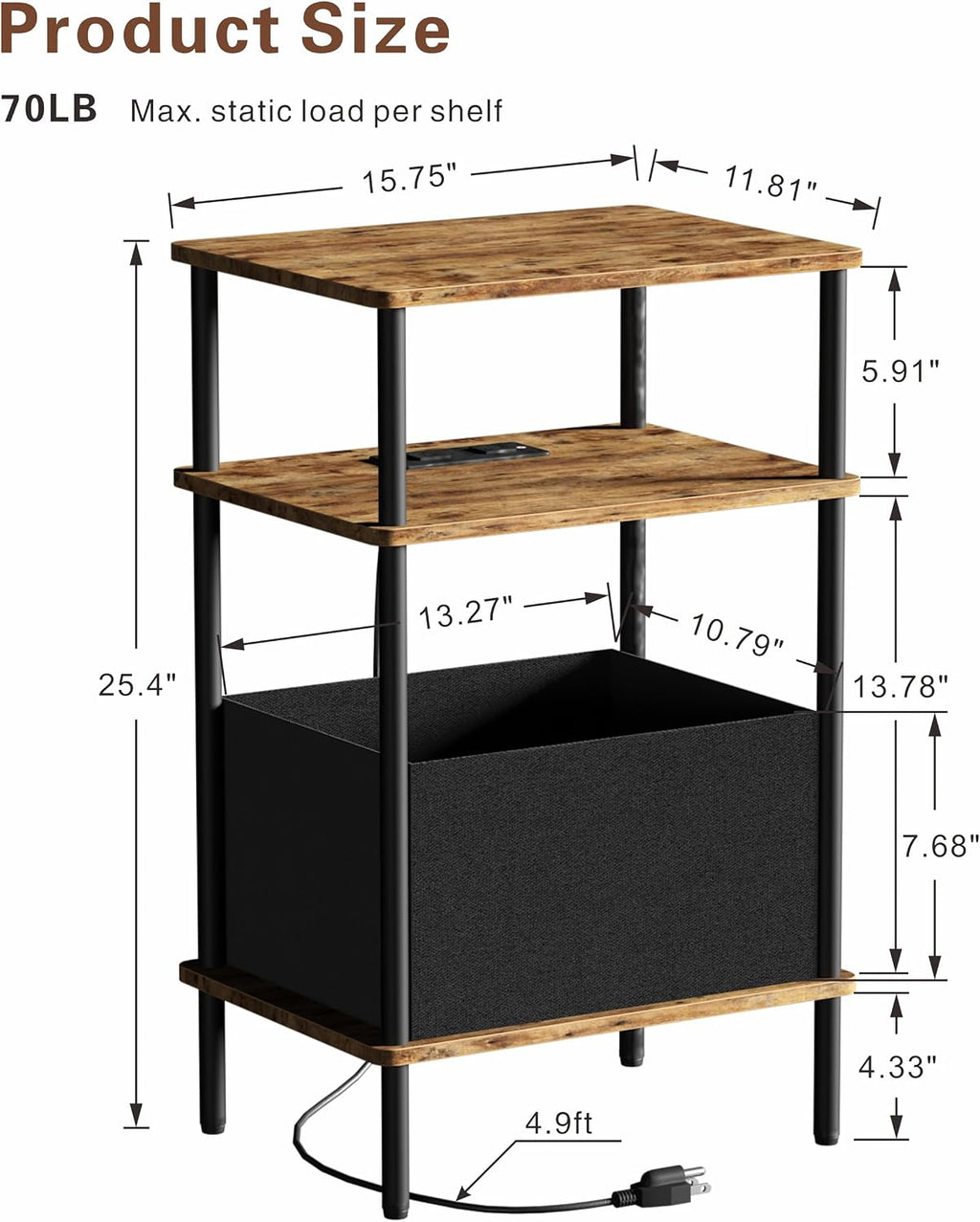 End Table with Charging Station & Outlet, Small Narrow Side Table for Bedroom, 25" H Bedside Table with USB Ports, 3-Tier Slim Nightstand, Rustic Brown