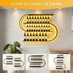 71" Modern Wall Mounted Wine Rack with LED Lights, 4-Tiers Wine Rack with Wine Glass Holder, Liquor Bottle Display Shelf for Home Bar Dining Room Kitchen Living Room-Black 70.87“