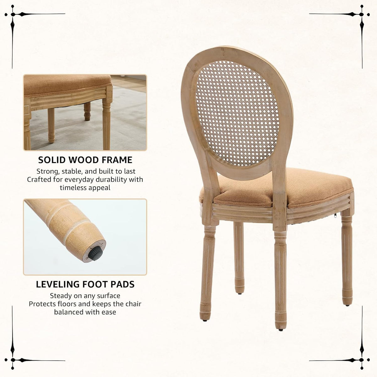 Vintage French Rattan Dining Chairs Set of 4, Round Back Accent Chairs with Rattan Backrest and Upholstered Linen Seat, Solid Wood Frame Sillas de Comedor for Dining Room & Kitchen, Camel