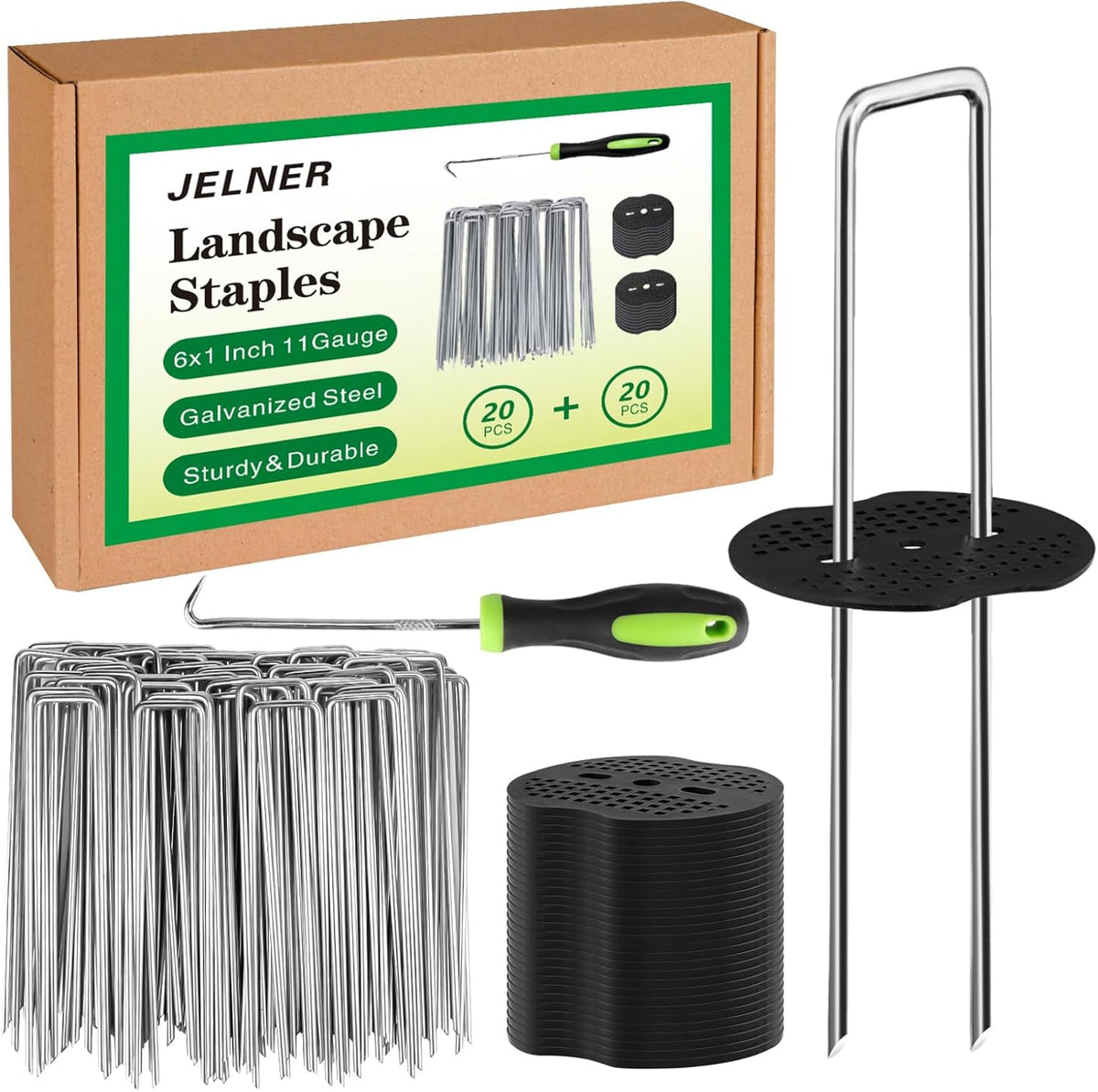 Garden Stakes,6 Inch 11 Gauge 20pcs Galvanized Landscape Staples + 20pcs Gaskets + 1Pick Hook, Tent Stakes Landscaping Fabric SOD Pins for Weed Fabric Barrier,Groud Cover,Fence