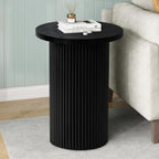 Modern Side Table, 16.93" Fluted Round Pedestal Table for Living Room, Bedroom, Entryway, Sofa, Chair – Black Accent Table with Solid Wood Strips End Table