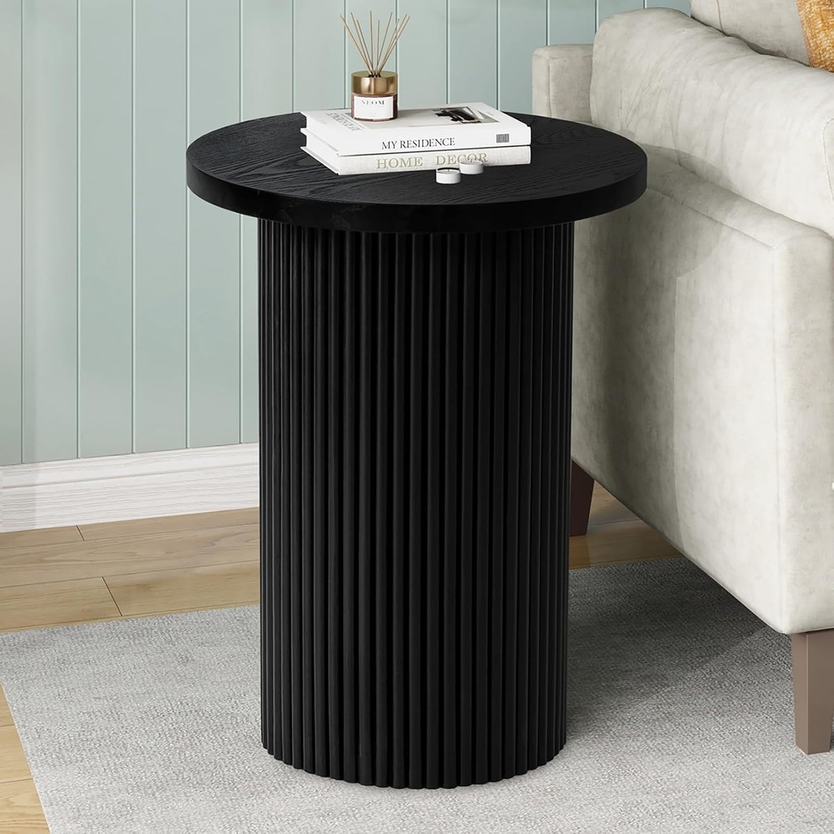 Modern Side Table, 16.93" Fluted Round Pedestal Table for Living Room, Bedroom, Entryway, Sofa, Chair – Black Accent Table with Solid Wood Strips End Table
