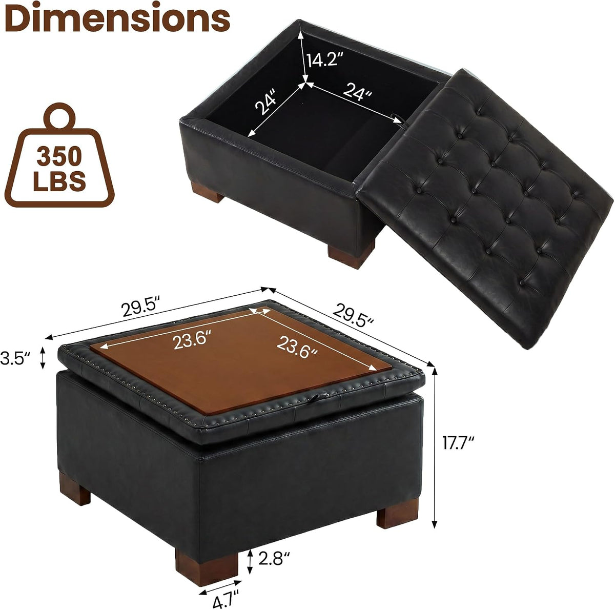 24 Inch Square Storage Ottoman Coffee Table, Modern Tufted Upholstered Ottoman with Flip Tray and Solid Wood Legs, Suitable for Living Rooms, Faux Leather Black