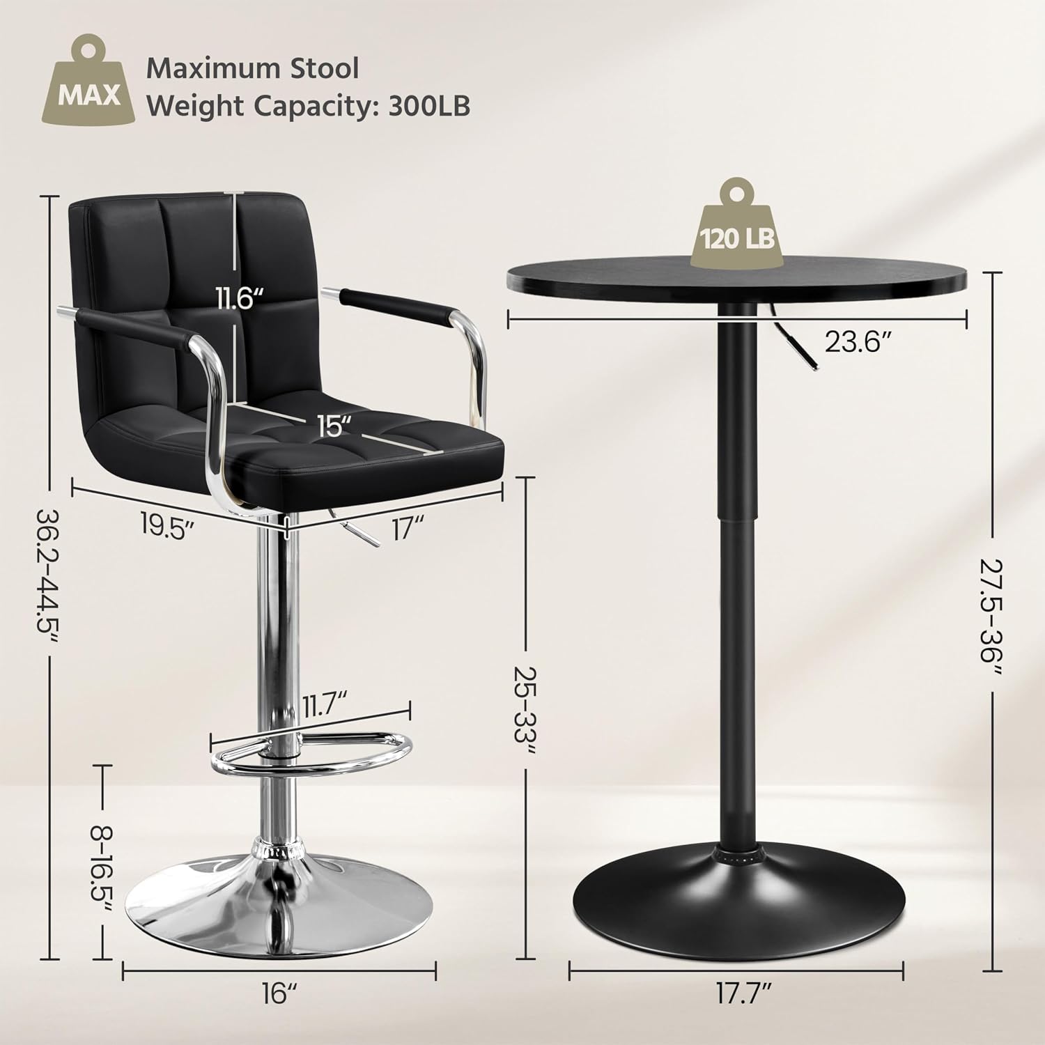 Yaheetech 3-Piece Bar Table and Stools, PU Leather Full Black | Round Pub Table and Chairs Set with MDF Tabletop and Stainless Steel Stand，Adjustable 360° Swivel for Kitchen Study